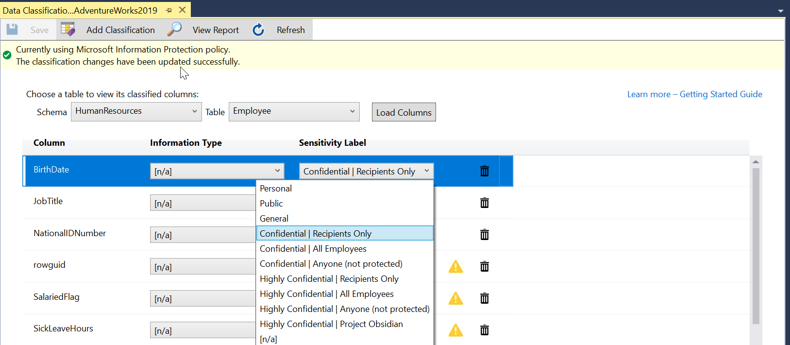 Scelta delle etichette di riservatezza dei criteri di Microsoft Information Protection in S S M S