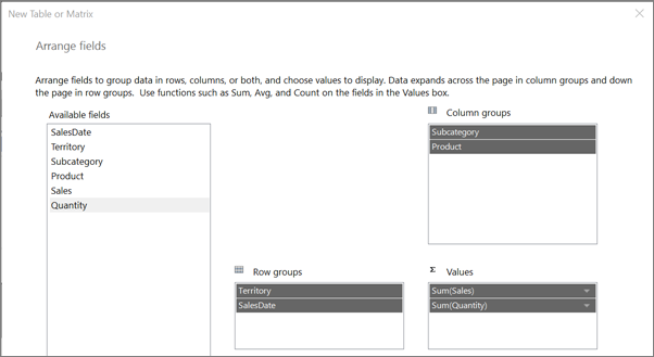 Screenshot che mostra il Generatore di report che dispone i campi della Creazione guidata report.