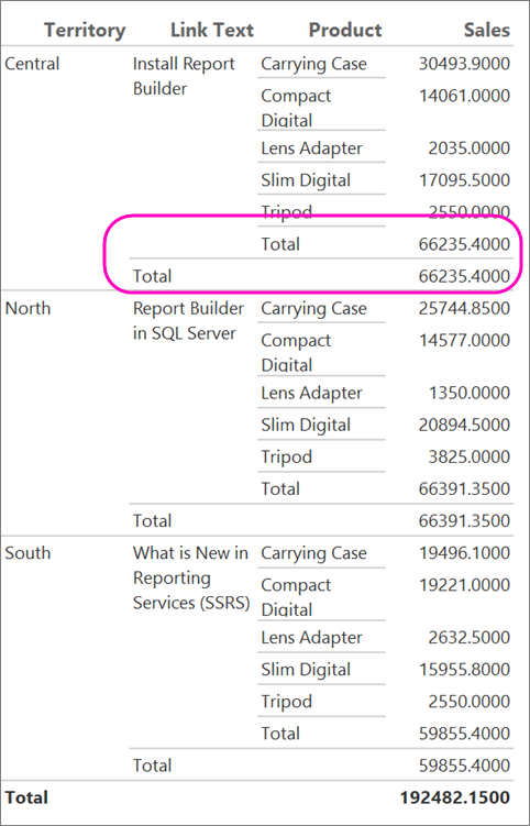 Screenshot che mostra due totali nel report di Generatore di report.