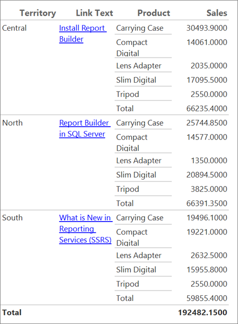 Screenshot che mostra il testo con collegamento ipertestuale nel report di Generatore di report.