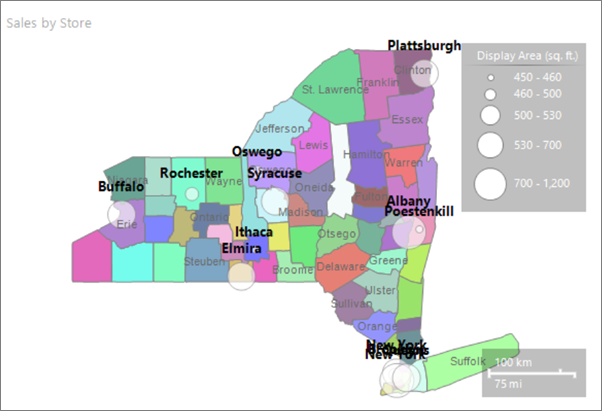 Screenshot che mostra un'anteprima della mappa di Generatore report con i nomi di città visualizzati con tipo di carattere grassetto 10 punti.