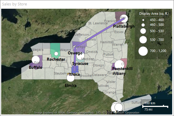 Screenshot che mostra un'anteprima della mappa di Generatore report con contee specifiche evidenziate.