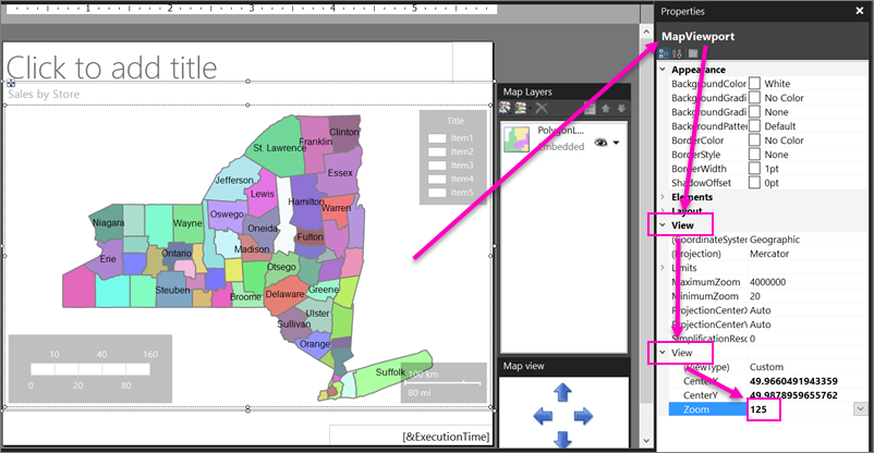 Screenshot che mostra come regolare lo zoom della mappa di Generatore report.