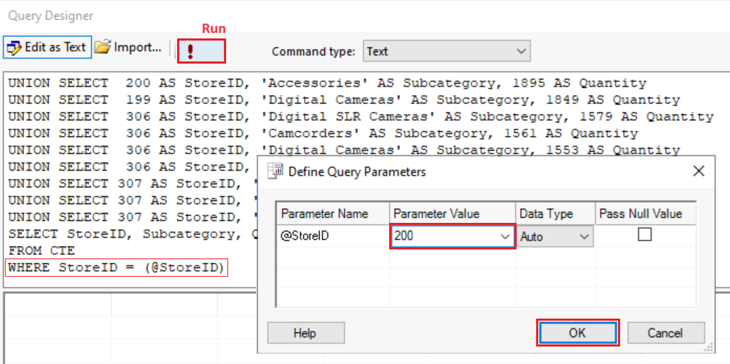 Screenshot che mostra come aggiungere il valore del parametro nella finestra di dialogo Progettazione query.