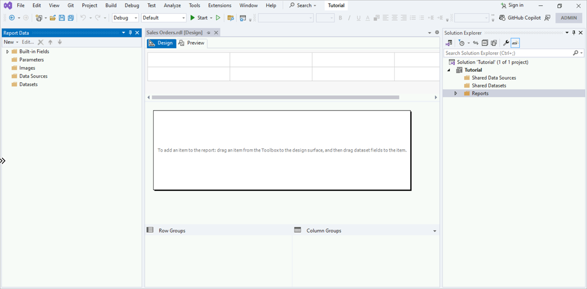 Screenshot di Visual Studio che mostra Report Designer con il report Sales Orders nella visualizzazione Progettazione.