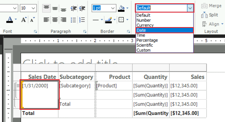 Screenshot che mostra come modificare il formato per la cella della tabella selezionata in modo che sia visualizzato solo come data.