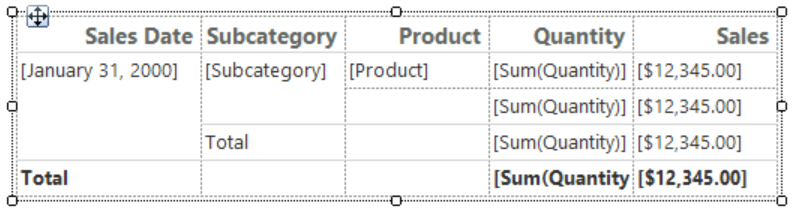 Screenshot che mostra gli handle di riga e colonna per una tabella nell'area di progettazione in Generatore di report.