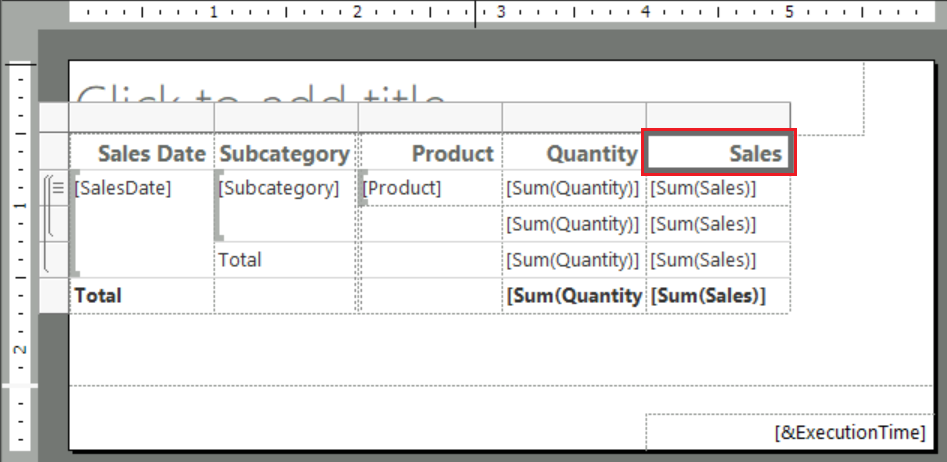 Screenshot che mostra come selezionare l'intestazione di colonna Sales nel report della tabella aperta in Generatore report.