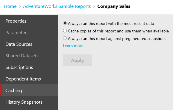 Screenshot che mostra la schermata Caching della finestra di dialogo Edit Company Sales con l'opzione Esegui sempre il report con i dati più recenti selezionata.