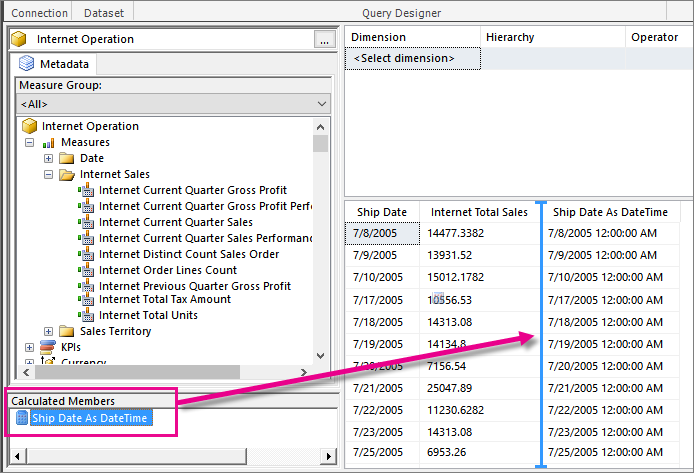 Screenshot della finestra Progettazione query con la sezione Membri calcolati evidenziata.