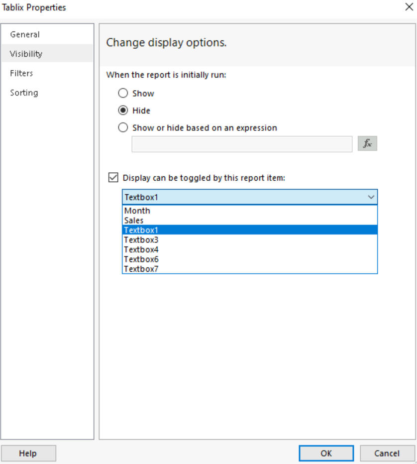 Screenshot delle opzioni di configurazione per l'area dati tablix da espandere nella scheda Visibilità della finestra di dialogo Proprietà Tablix.