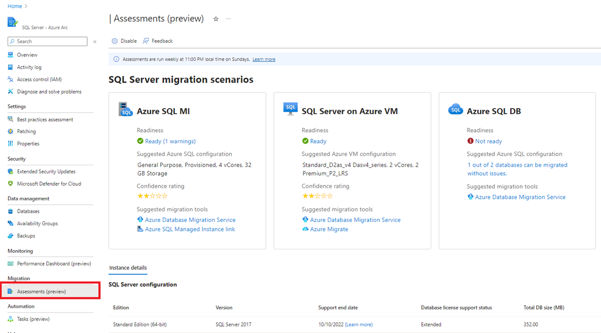 Screenshot che mostra come accedere al report di valutazione della migrazione di SQL Server in una risorsa di SQL Server.