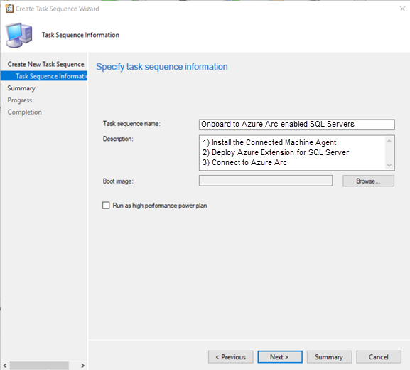 Screenshot della procedura guidata di sequenziazione di attività in Configuration Manager.