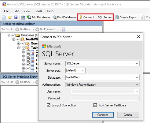 Screenshot che mostra Connect to SQL Server.