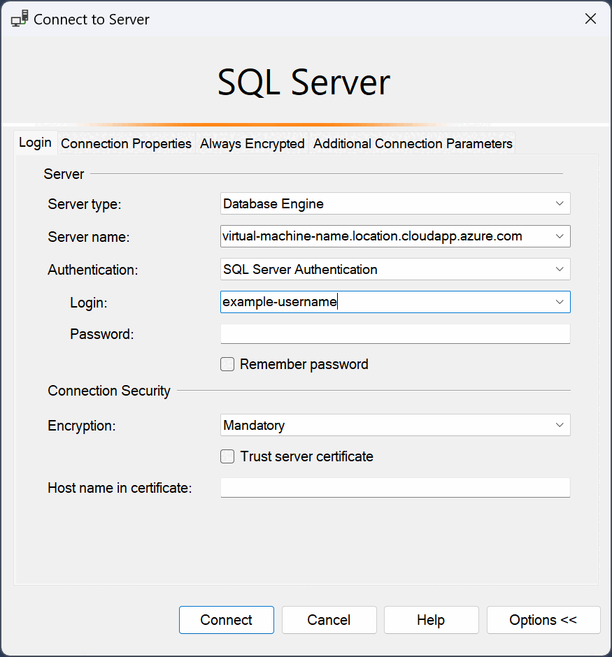 Screenshot della finestra di dialogo di connessione delle macchine virtuali SQL.