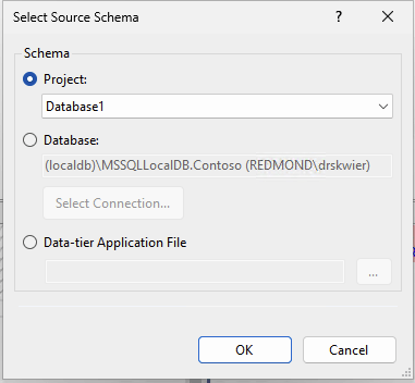 Screenshot della finestra di dialogo Selezione origine confronto schema in Visual Studio.