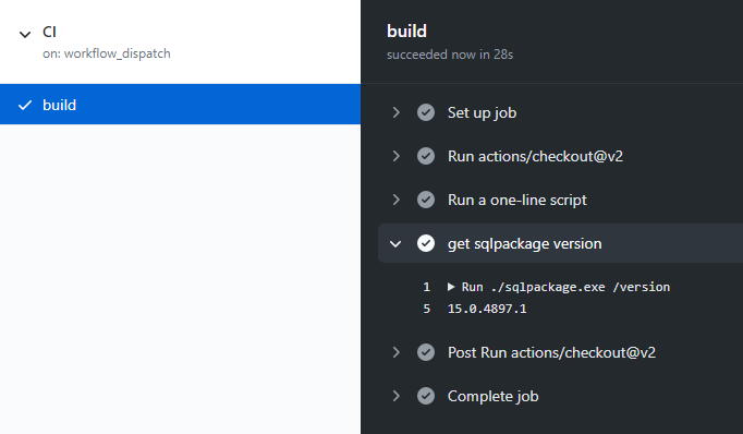 Output dell'azione di GitHub che visualizza il numero di build 15.0.4897.1