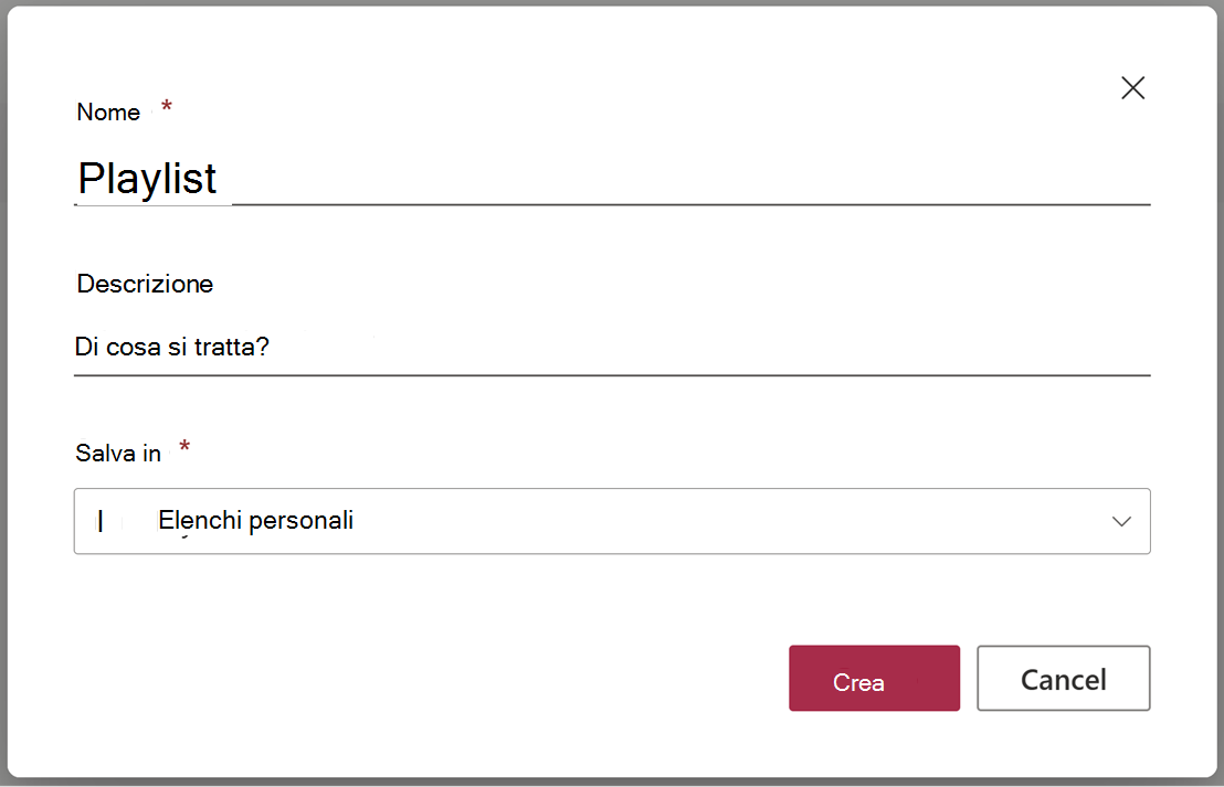 Finestra di dialogo di creazione della playlist.