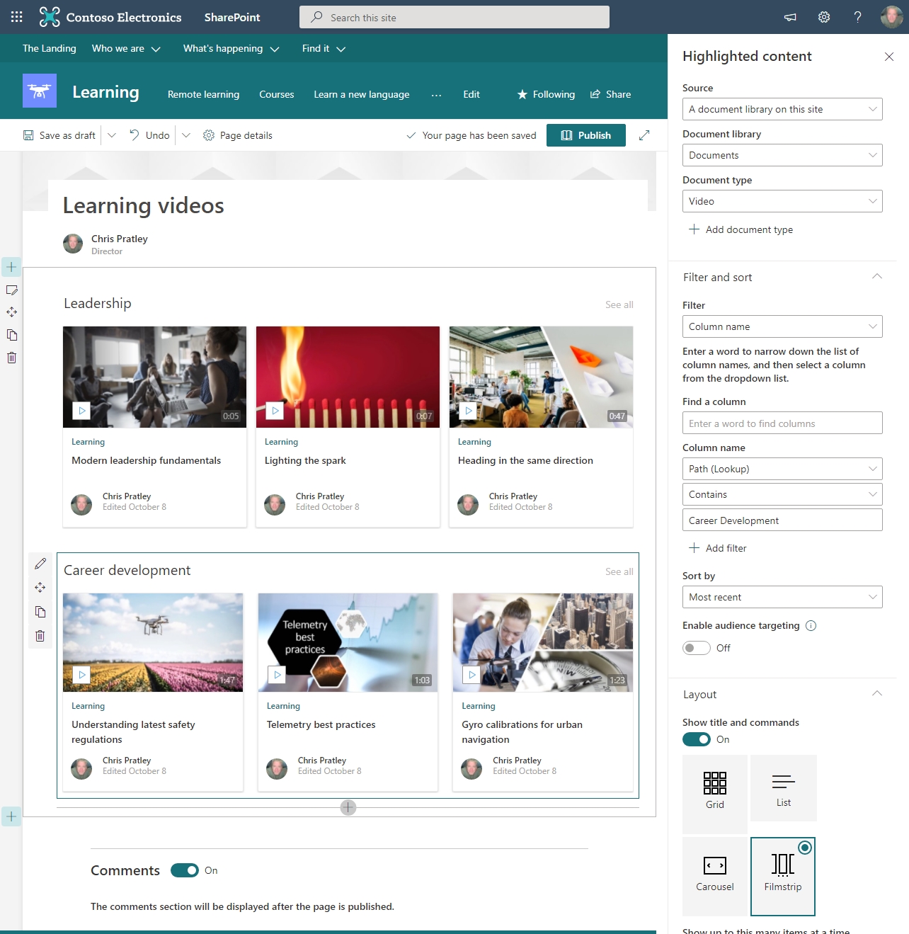 Pagina di SharePoint con due web part di contenuto evidenziate visualizzate nella pagina, una per 