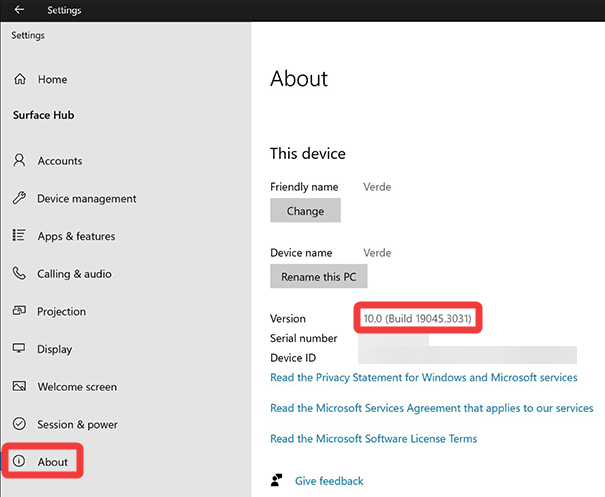 Immagine che mostra dove trovare il numero di build del sistema operativo surface hub corrente.