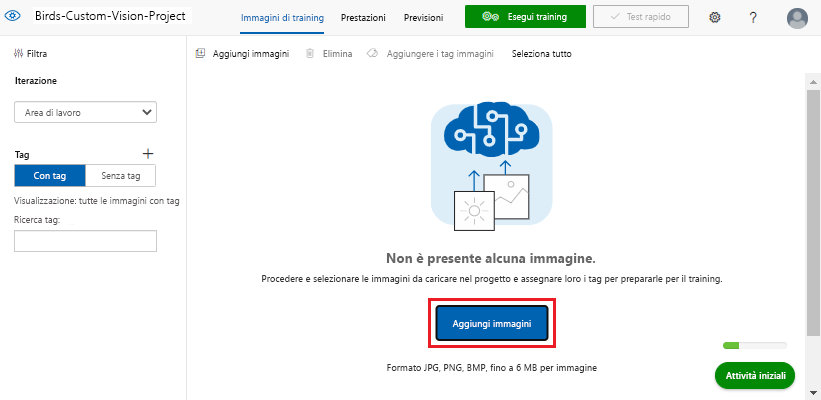 Screenshot che mostra il pulsante Aggiungi immagini in un progetto di Visione personalizzata.