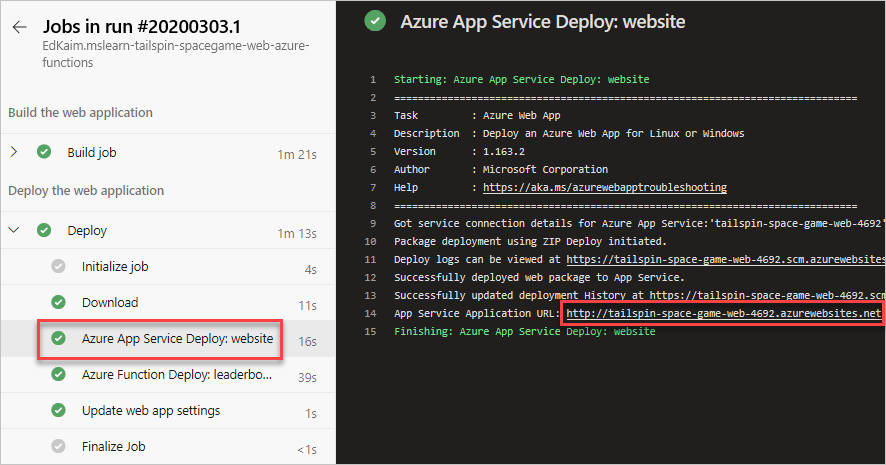 Screenshot di Azure Pipelines che mostra la posizione dell'URL del sito Web.