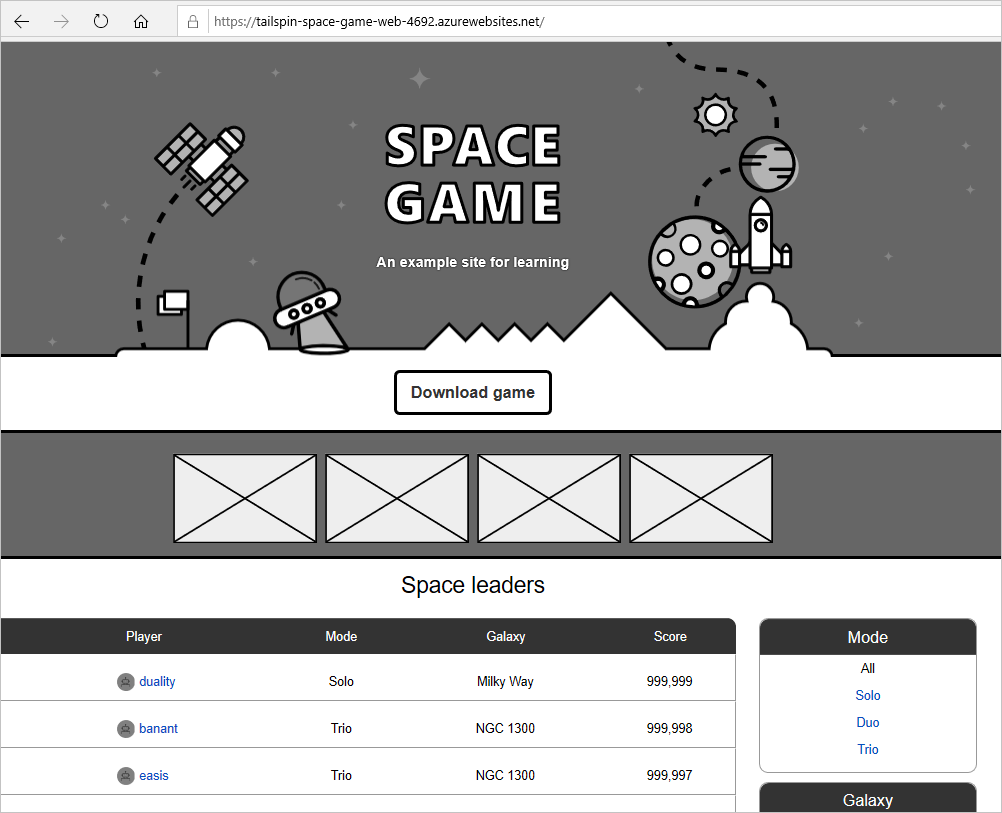 Screenshot del sito Web Space Game.