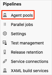 Screenshot delle impostazioni del progetto in Azure DevOps che indica la posizione della voce di menu Pool di agenti.