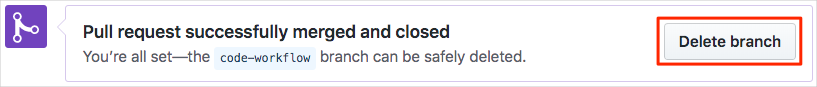 Screenshot di GitHub che mostra la posizione del pulsante per eliminare il ramo.