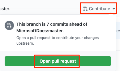 Screenshot di GitHub che mostra la posizione del pulsante per l'apertura della richiesta pull.