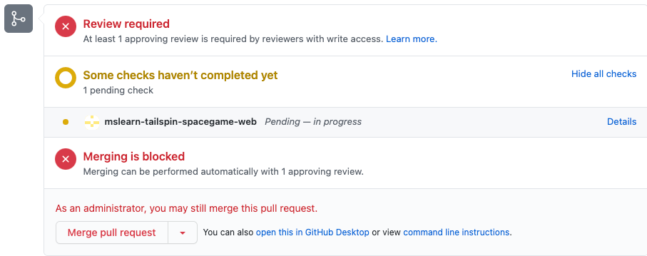 Screenshot di una richiesta pull in GitHub che mostra la necessità di una revisione per il merge.