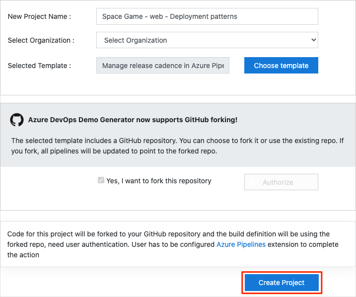 Screenshot that shows how to create a project through the Azure DevOps Demo Generator.