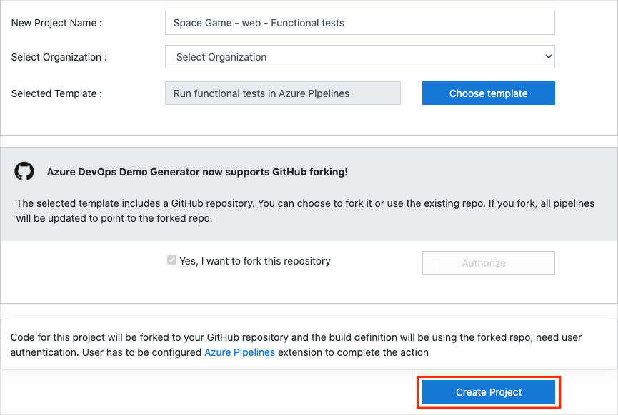 Screenshot of Creating a project through the Azure DevOps Demo Generator.