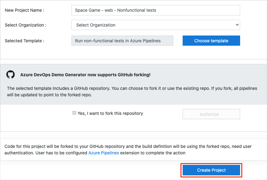 Screenshot for Creating a project through the Azure DevOps Demo Generator.
