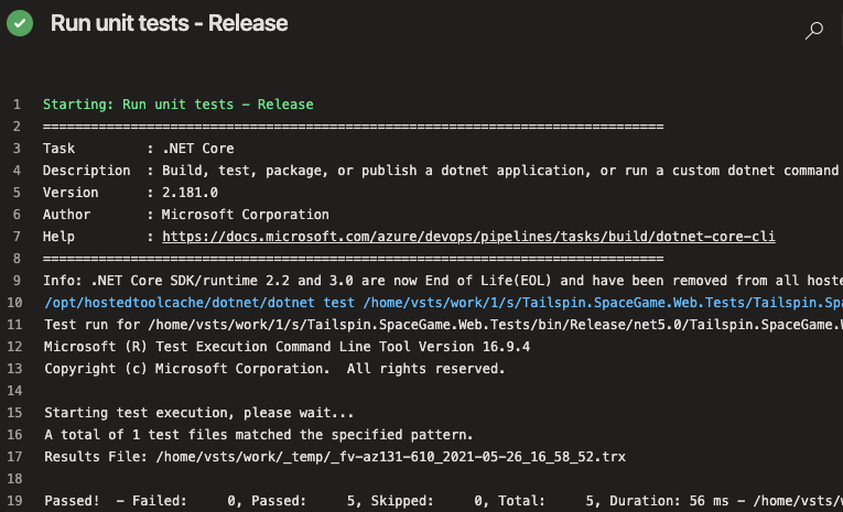 Screenshot di Azure Pipelines che illustra l'output di console proveniente dall'esecuzione di unit test.