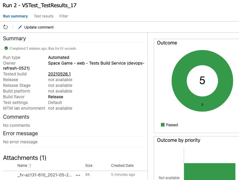 Screenshot del riepilogo dei risultati dell'esecuzione dei test di Azure DevOps con 5 test superati.