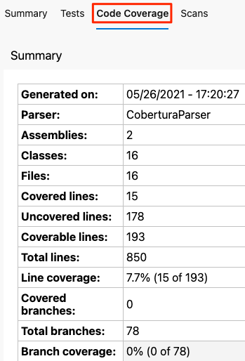 Screenshot di Azure Pipelines che illustra la scheda Code coverage, con il riepilogo del report di code coverage che visualizza un'analisi delle righe pari al 7,7%.