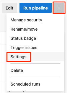 Screenshot di Azure Pipelines con indicata la posizione del menu Impostazioni.