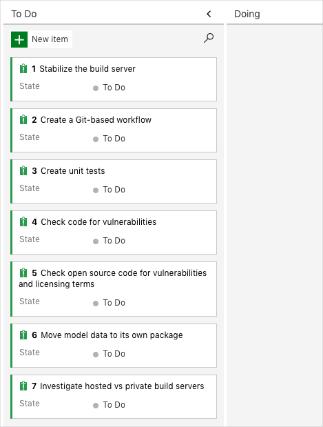 Screenshot di Azure Boards che mostra un backlog di problemi.