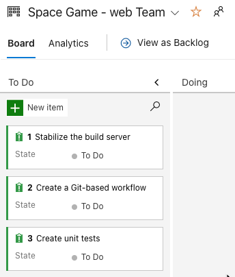 Schermata di Azure Boards con le prime tre attività visualizzate.