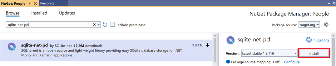 Screenshot che mostra Gestione pacchetti NuGet con la libreria sqlite-net-pcl selezionata.