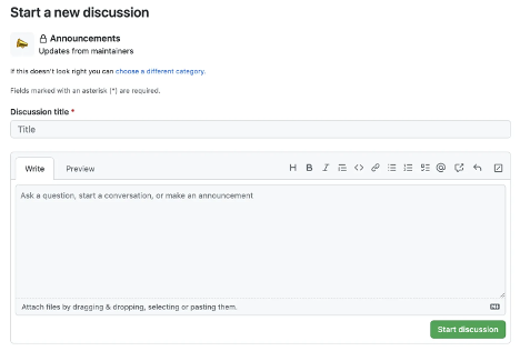 Screenshot dell'avvio di una nuova pagina di discussione con la casella Discussion title e la casella relativa al contenuto vuota.