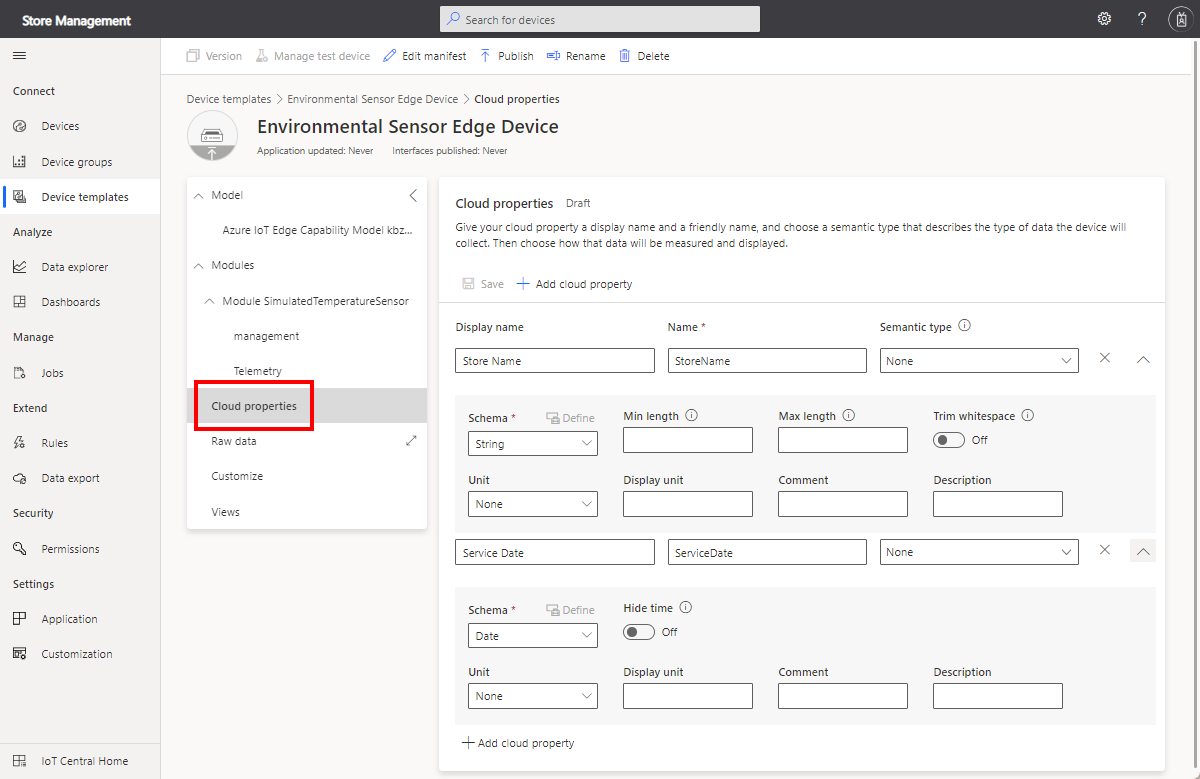 Screenshot che mostra le proprietà cloud nel modello di dispositivo.