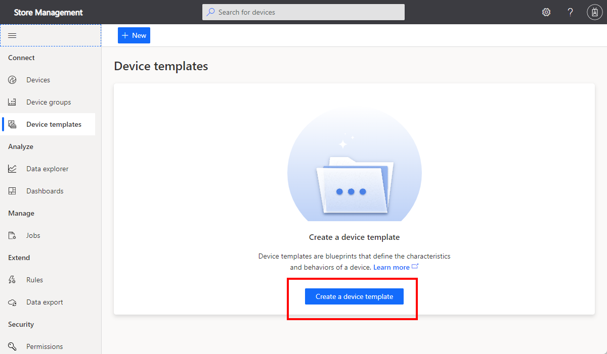 Screenshot che mostra la pagina dei modelli di dispositivo in cui si gestiscono i modelli nell'applicazione Azure IoT Central.