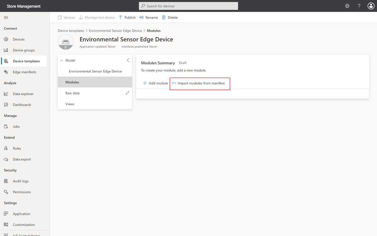 Screenshot che mostra la pagina dei modelli di dispositivo in cui si importano le definizioni dei moduli dal manifesto della distribuzione.