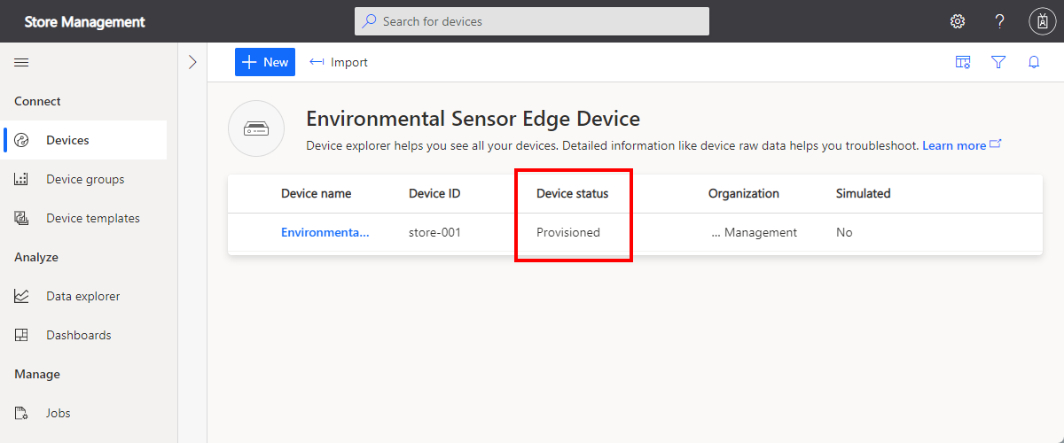 Screenshot dell'elenco dei dispositivi che mostra il dispositivo di cui è stato effettuato il provisioning.