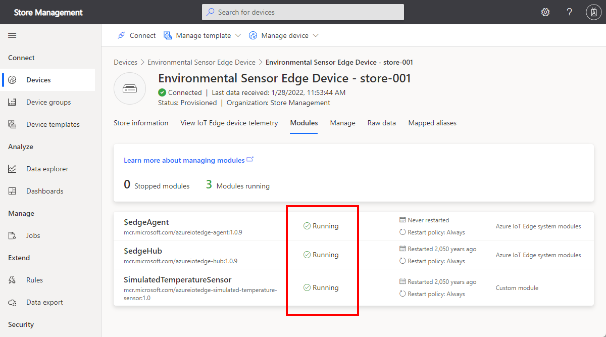 Screenshot che mostra tre moduli in esecuzione nel dispositivo IoT Edge.