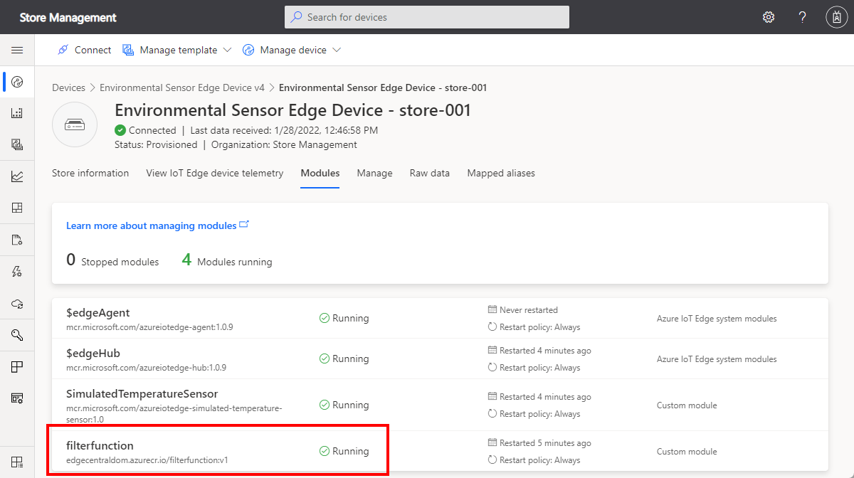 Screenshot che mostra il modulo FilterFunction in esecuzione nel dispositivo IoT Edge.