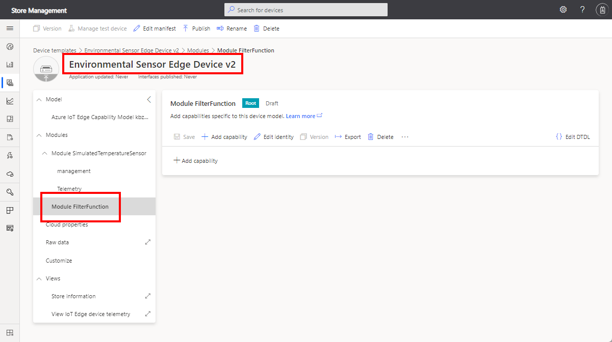 Screenshot che mostra il modulo FilterFunction aggiunto al modello di dispositivo.