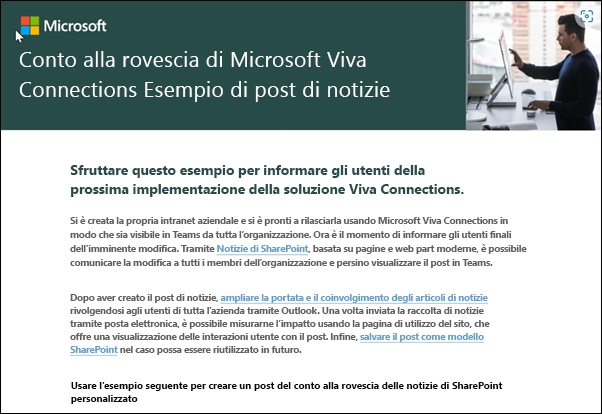 Screenshot dell Microsoft Viva Connections esempio di post di notizie per il conto alla rovescia.